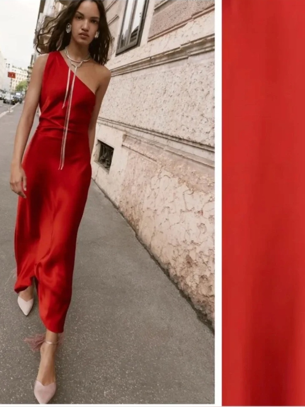 Zara Red Satin Effect Asymmetric Midi Dress Size M NWT